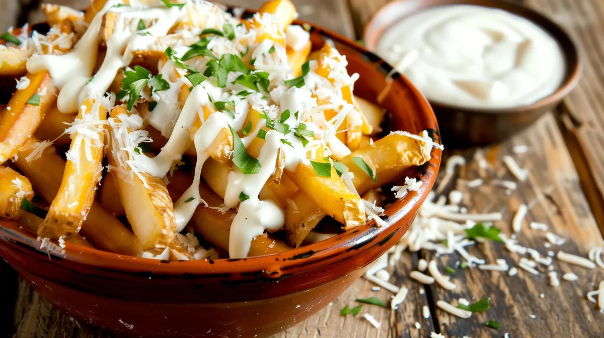 Bowl de frites, sauce blanche et fromage
